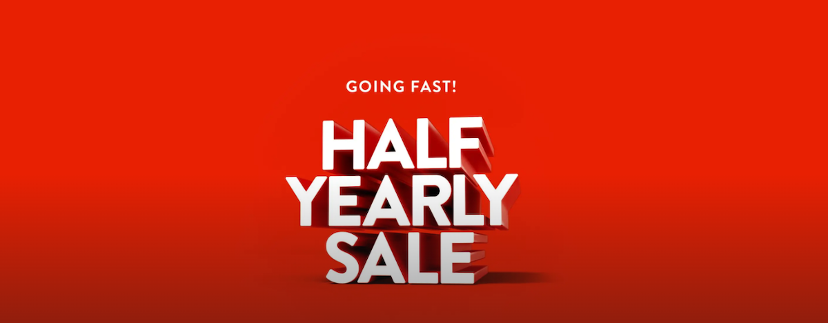 A promo image for Nordstrom's Half Yearly Sale with a red background and white text that reads 'Going Fast! Half Yearly Sale.'